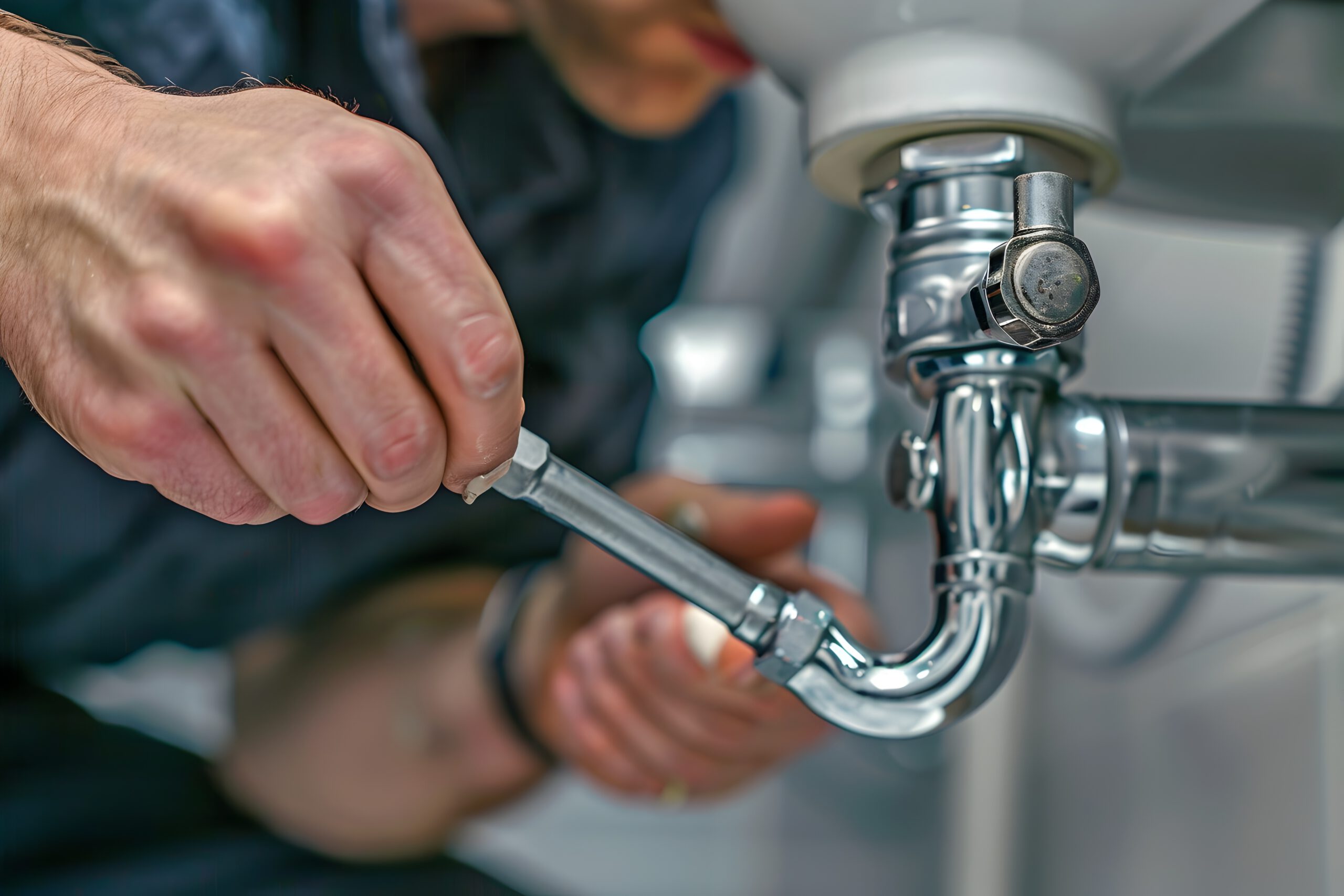 plumber using wrench to repair bathroom pipe