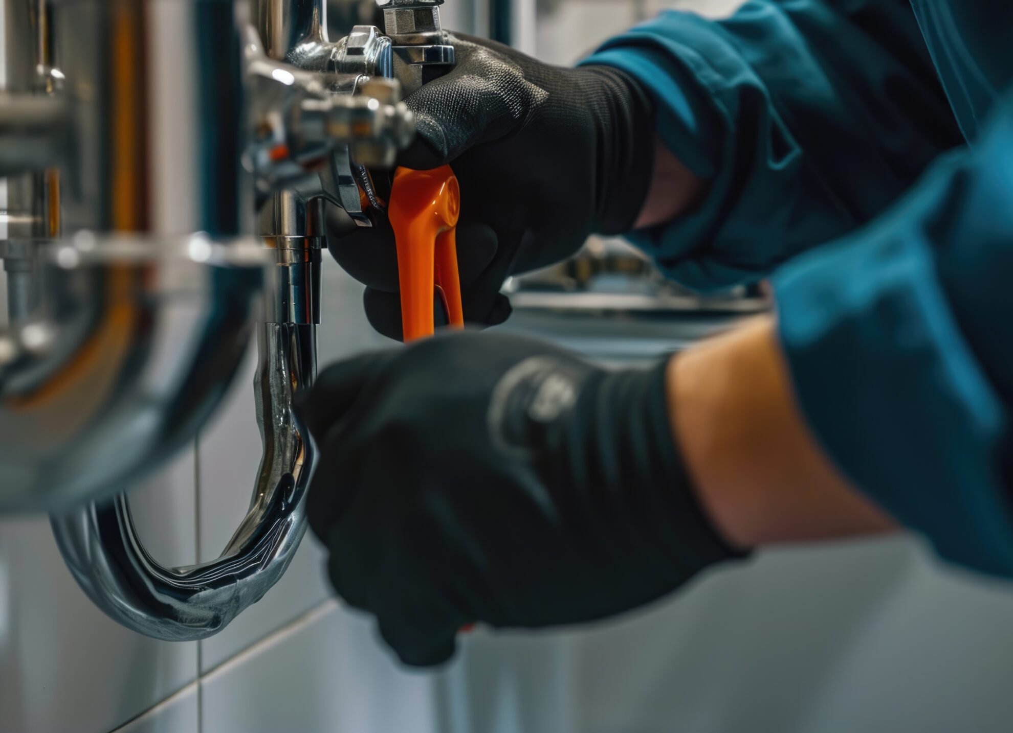 plumber's hands using an pipe wrench to work on the chrome p trap under a white sink